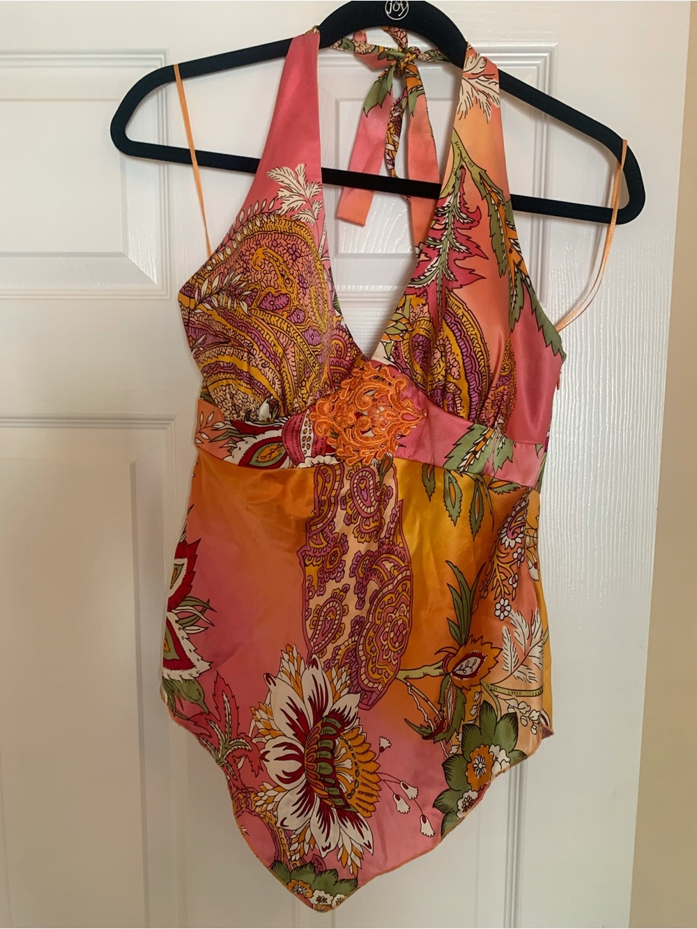 Cach’e 2000s Silk Halter Top multicolored with flowers and small paisley. Size 8